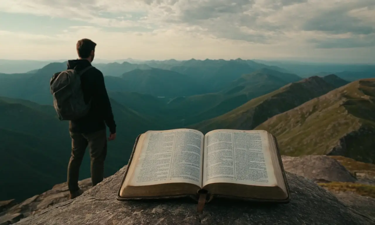 Una persona de pie en una cumbre de montaña, con una Biblia y citas inspiradoras en el fondo.