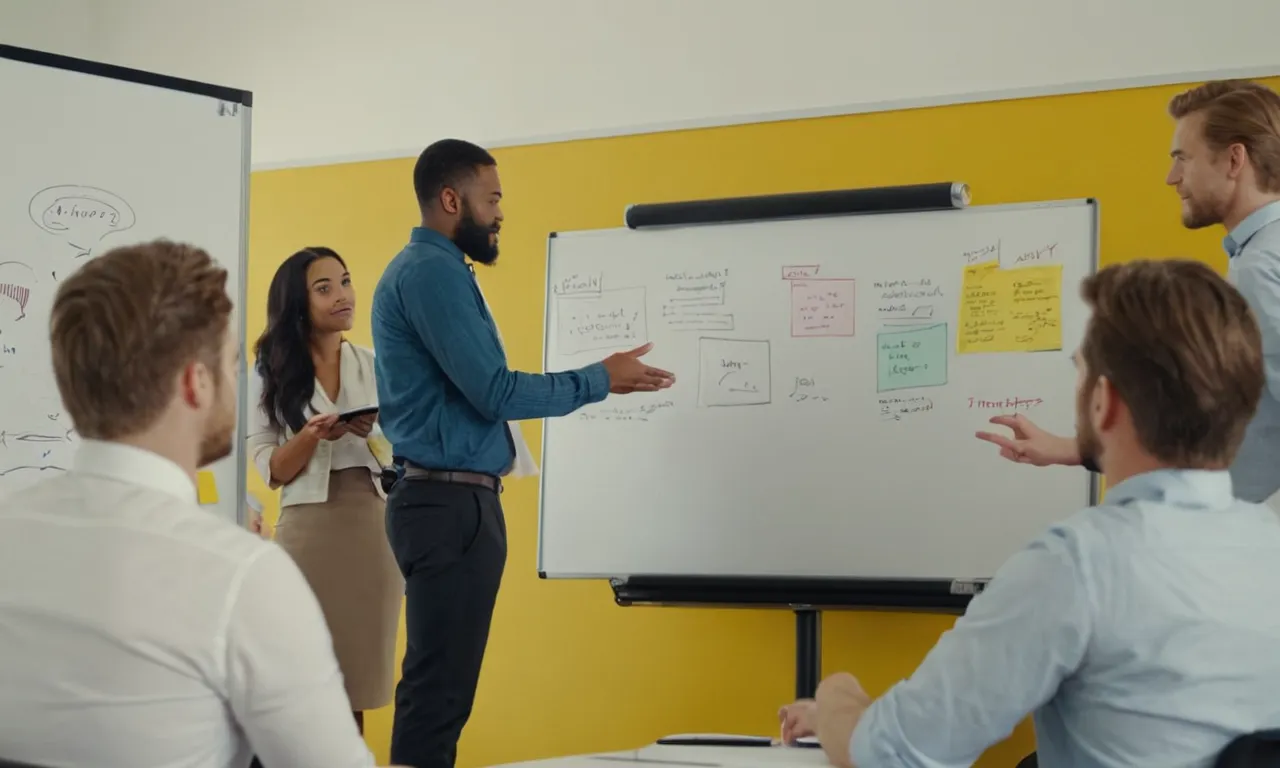 Un grupo de personas discutiendo y trabajando juntos en una sala de reuniones con una pizarra llena de diagramas y notas.