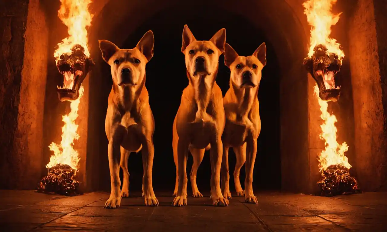 Una representación del perro de tres cabezas Cerberus guardando una entrada ardiente al inframundo.