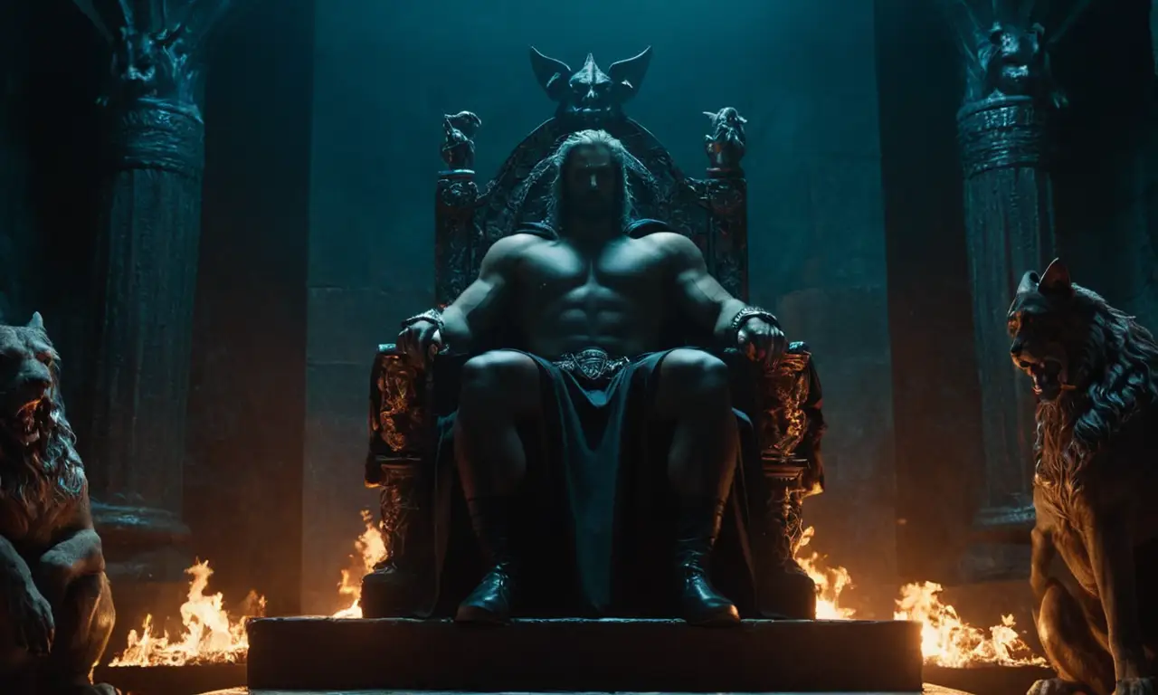 Una representación de Hades sentado en su trono con Cerberus a su lado en el Inframundo.