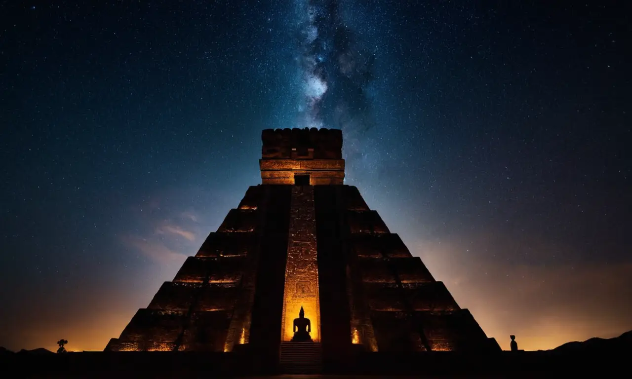 Un cielo oscuro con la silueta de un templo azteca y una deidad, rodeado de símbolos y cuerpos celestes.