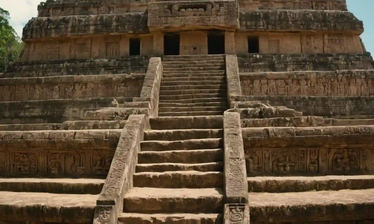 Un antiguo templo maya con tallas intrincadas y símbolos.