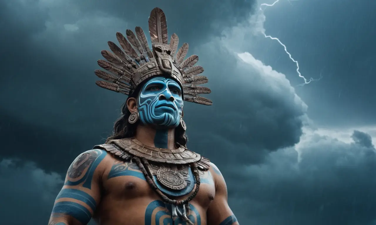 Una representación de Tláloc, el dios azteca de lluvia e inundaciones, de pie en medio de nubes tormentosas.