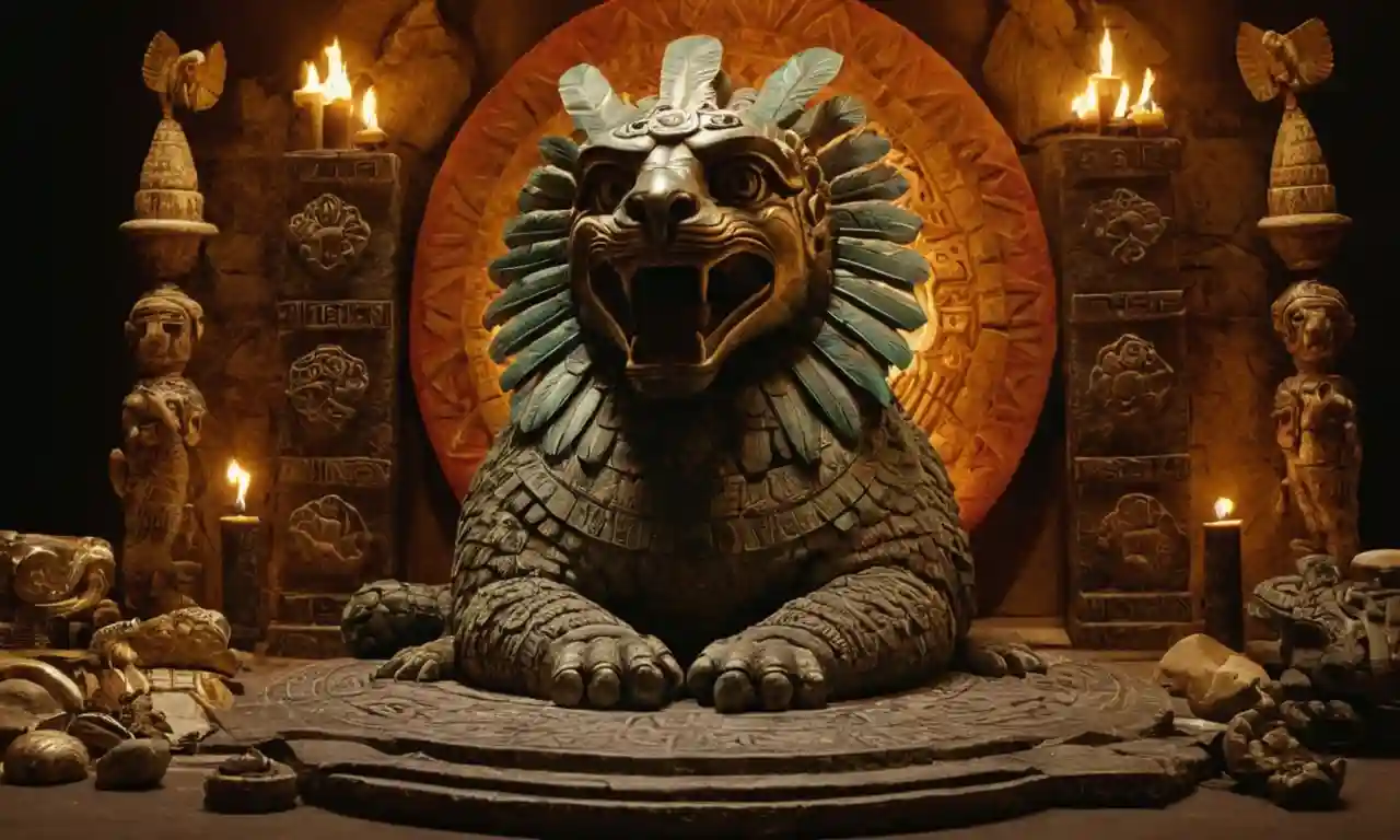 Una representación de la deidad de serpiente emplumada Quetzalcóatl rodeado de símbolos sagrados y artefactos de la mitología azteca.