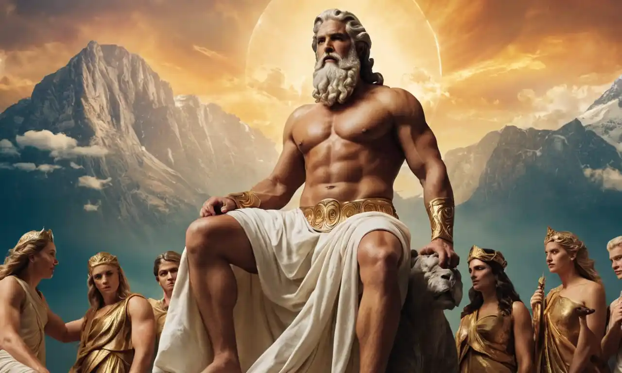 Una majestuosa ilustración de Zeus en el Monte Olimpo, rodeado de dioses y diosas.