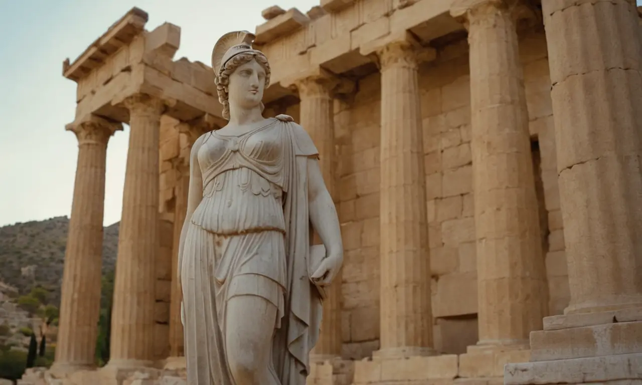 Una estatua de Atenea en medio de antiguas ruinas griegas y pergaminos.