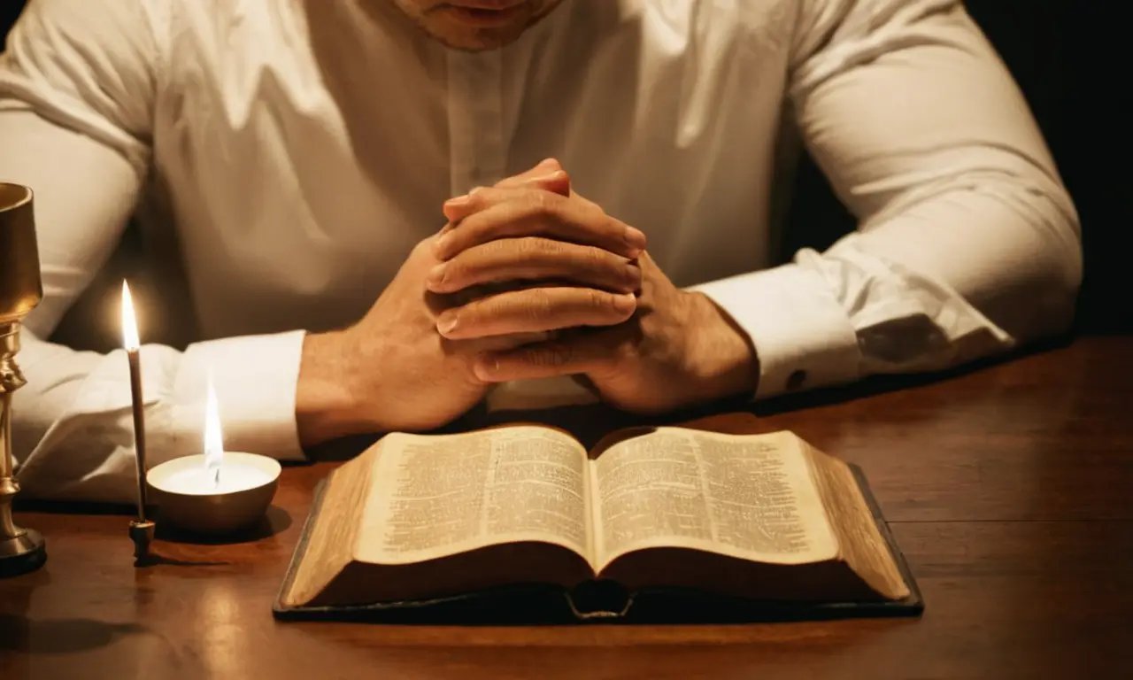 Una persona que ora con la Biblia abierta sobre una mesa.