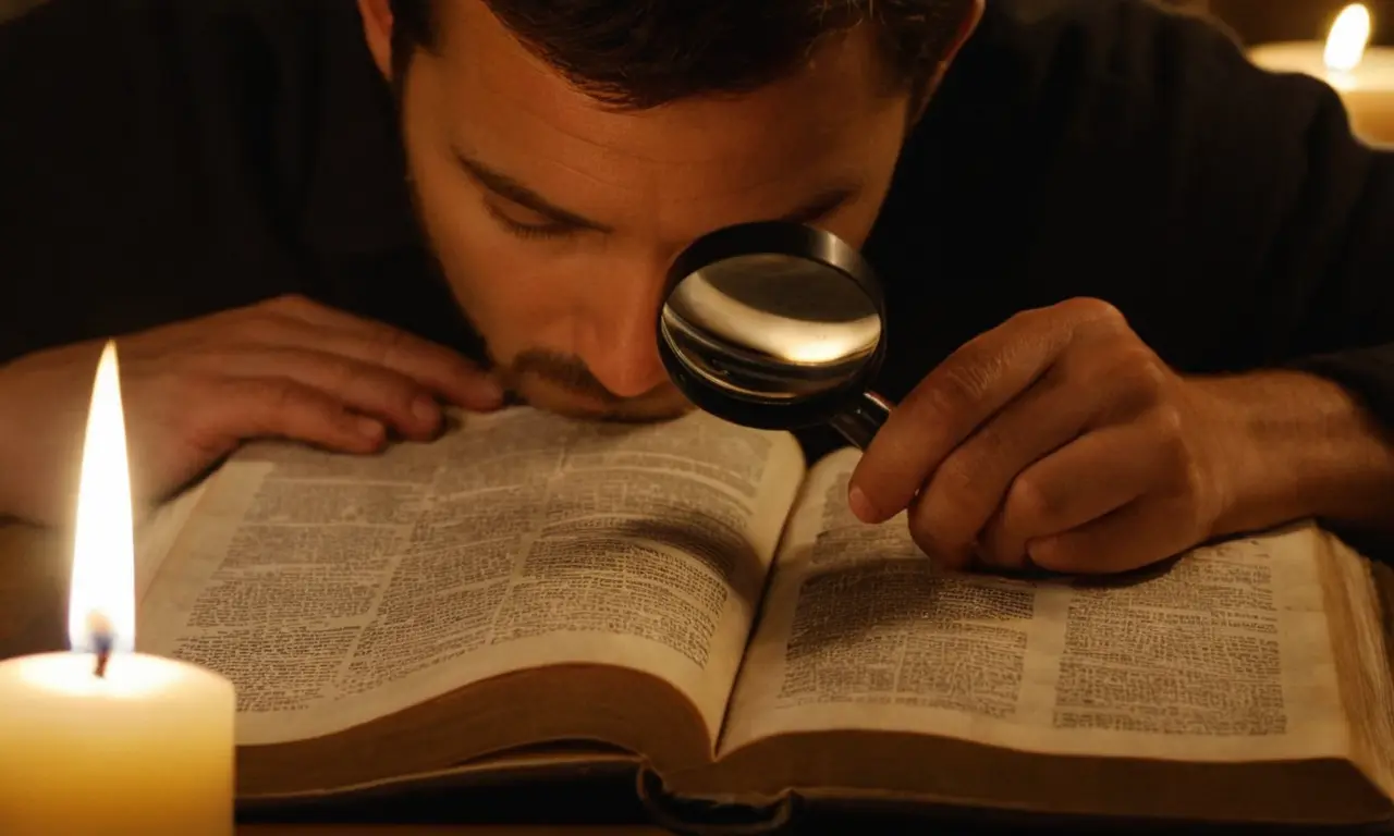 Una persona leyendo la Biblia con una lupa y una vela en el fondo.