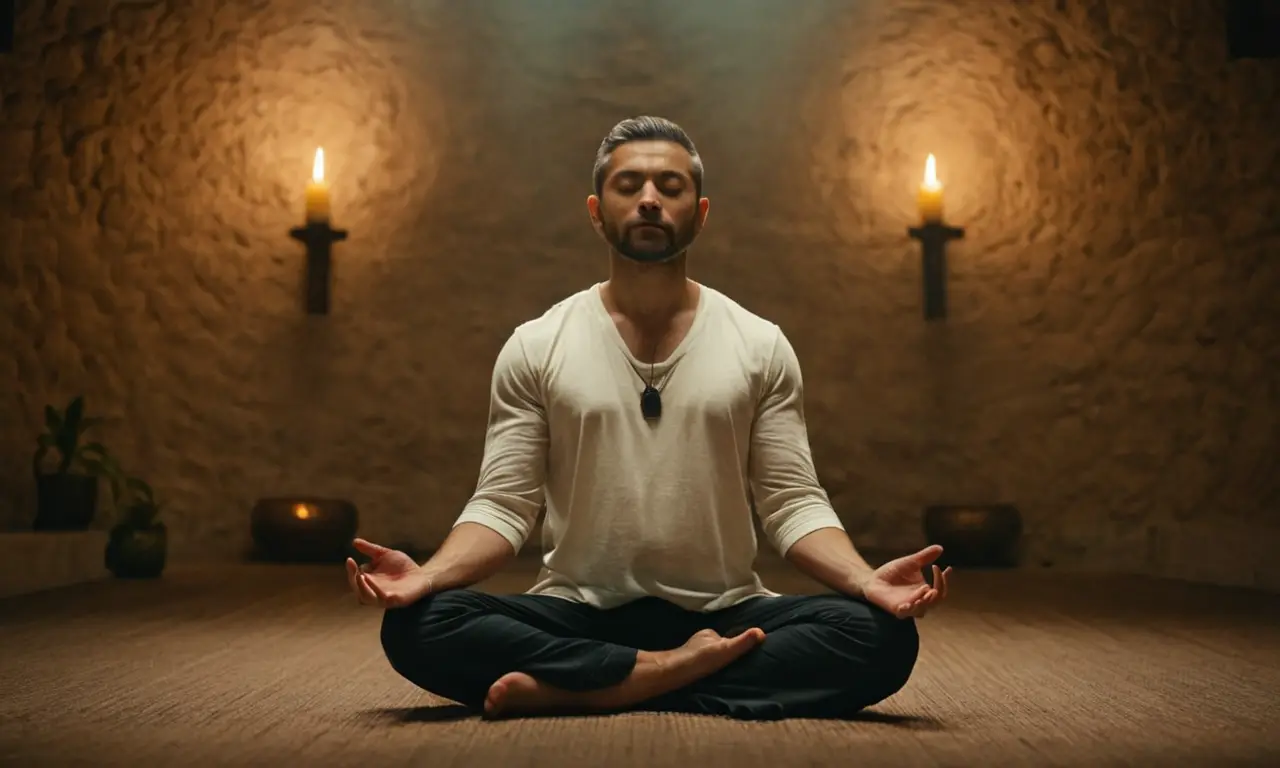 Persona meditando en un ambiente pacífico, rodeado de sutiles indicios de sabiduría y perspicacia.