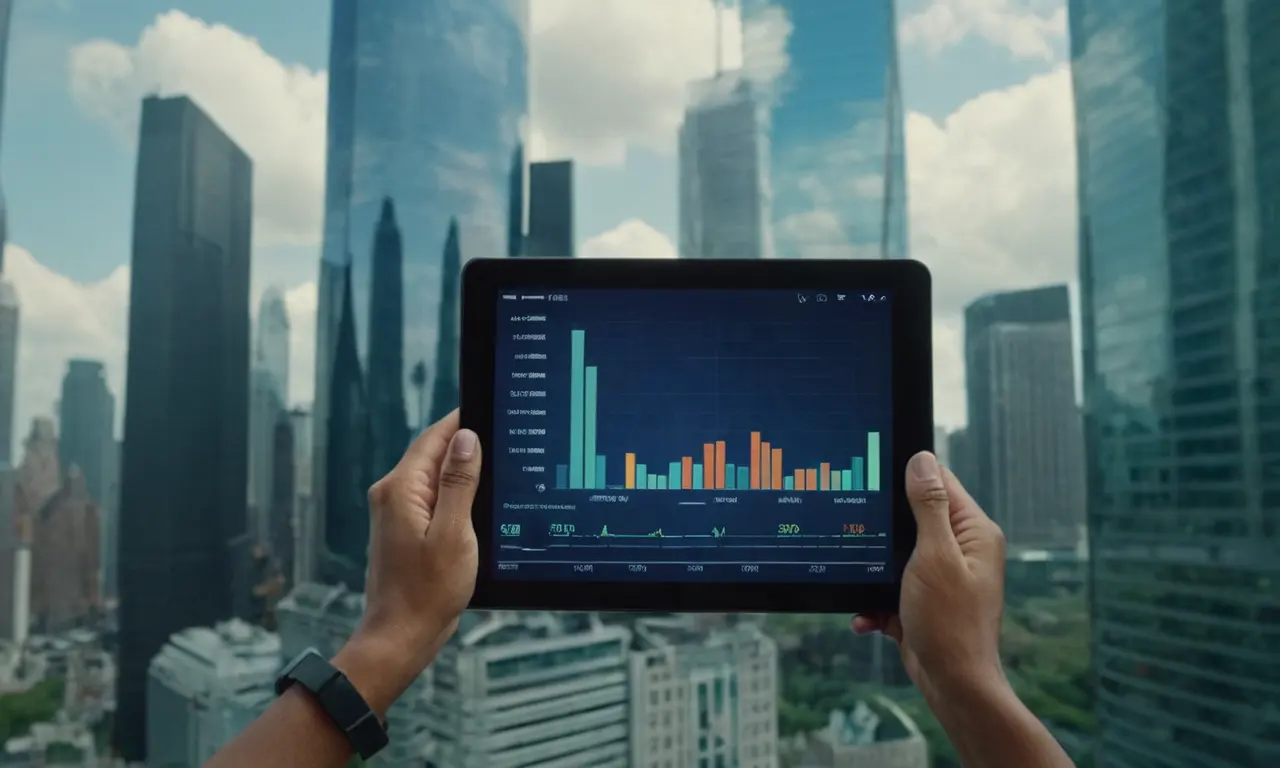 Una persona que sostiene una tableta con un gráfico que muestra avances tecnológicos rápidos en medio de un fondo de rascacielos de la ciudad.