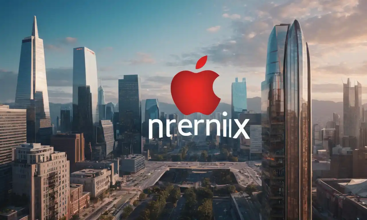 Tres logotipos de compañía (Apple, Netflix y Airbnb) mostrados en un futurista paisaje urbano.