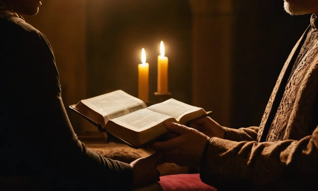 Una persona que ora en un altar con una Biblia abierta en su regazo.