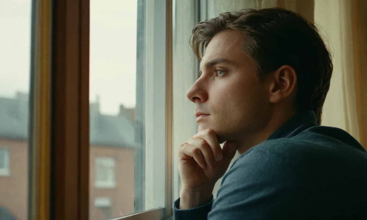 Una persona mirando por la ventana con una expresión reflexiva.