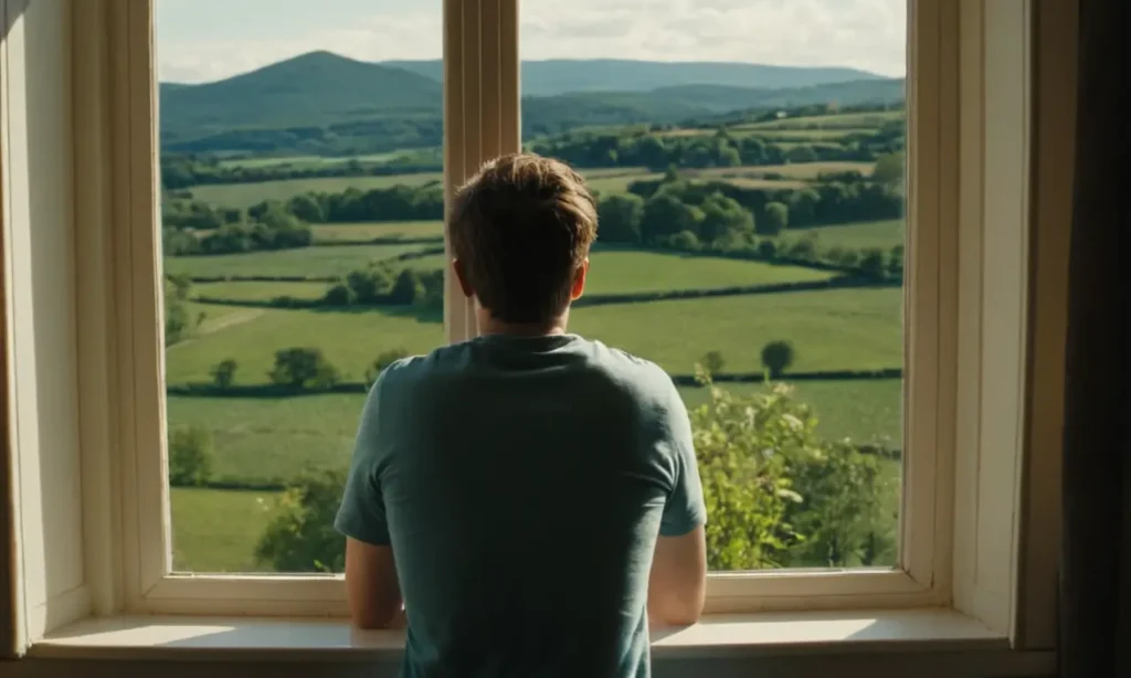 Una persona mirando por la ventana en un paisaje distante con un toque de nostalgia.