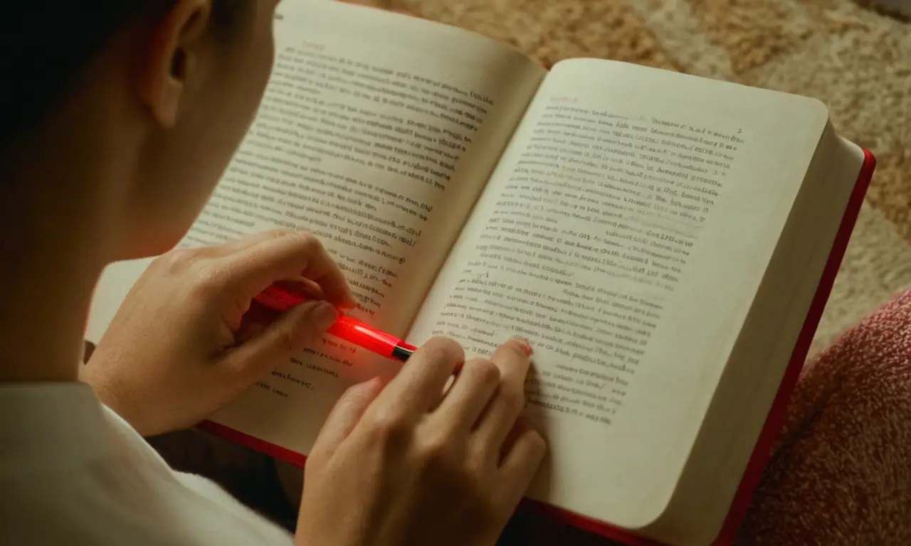 Una persona leyendo un libro con un resaltador rojo en un pasaje.