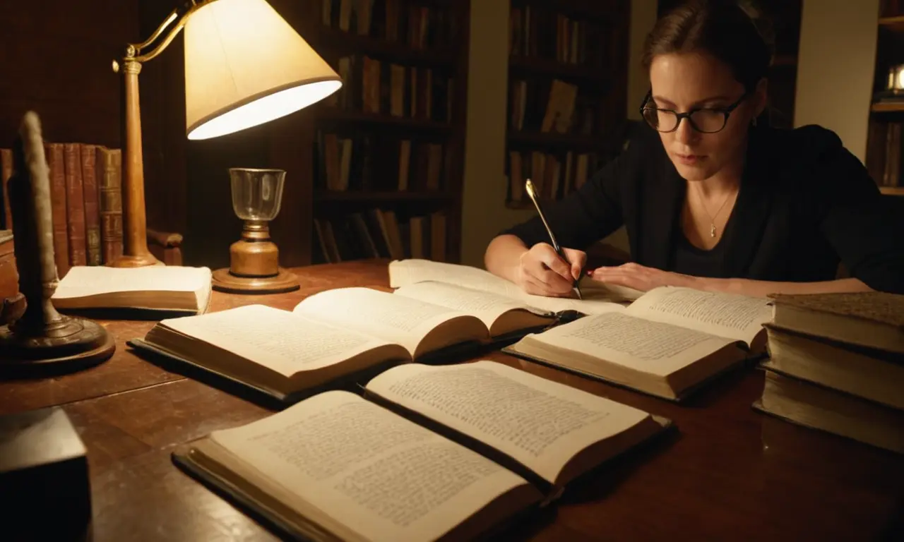 Autor escribiendo en un escritorio con libros abiertos y notas sobre análisis literario.