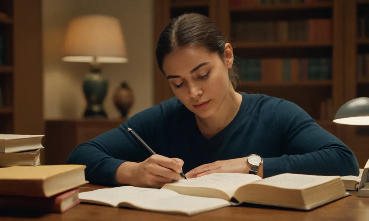 Una persona sentada en un escritorio que estudia con libros y notas sobre gramática española.