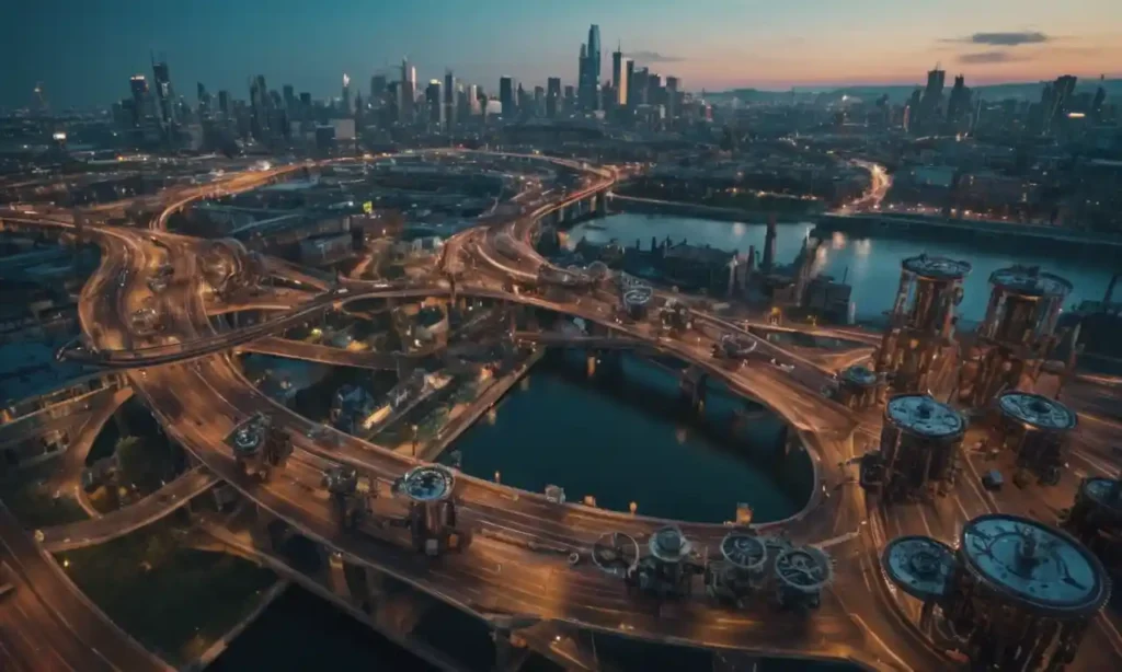 Un complejo sistema representado por engranajes y máquinas interconectadas con un paisaje urbano en el fondo.