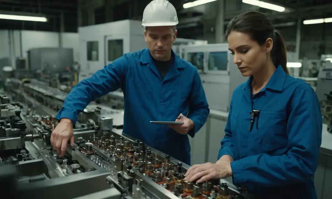 Diversos profesionales como ingenieros, técnicos y inspectores de control de calidad que trabajan en una instalación de fabricación.