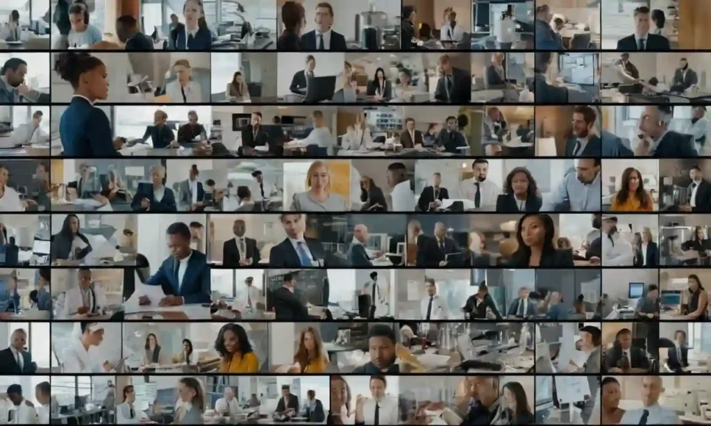 Collage of diverse professionals at work in their respective environments.