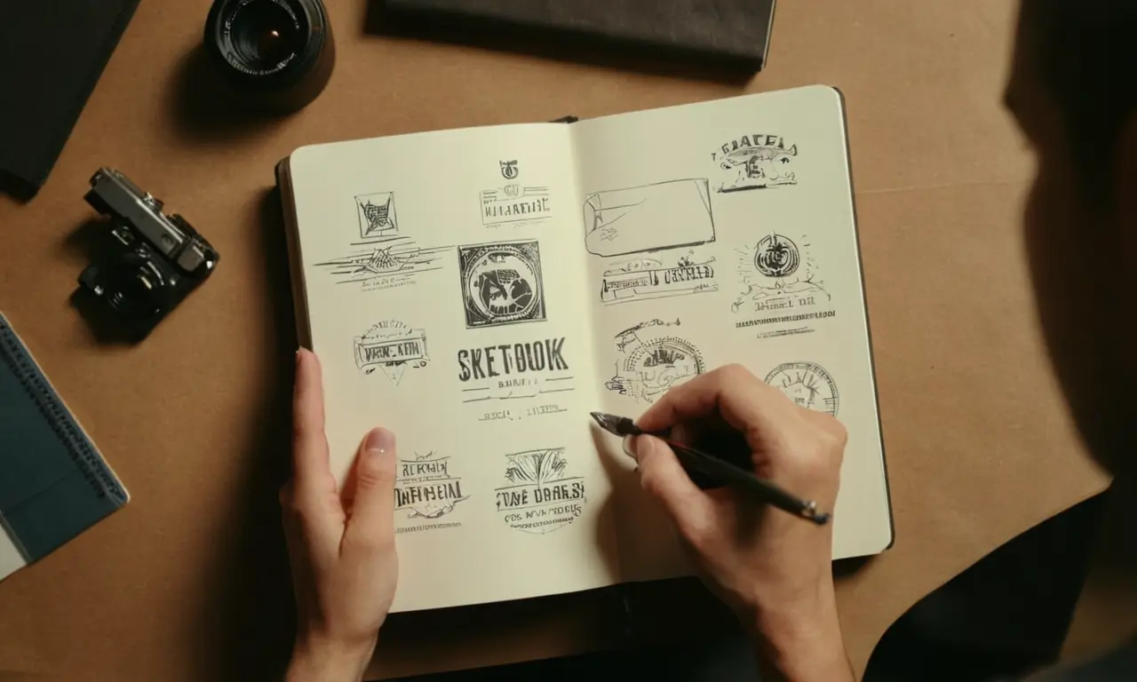 Unas manos de diseñadores que sostienen un cuaderno con varios conceptos y consejos de diseño de logotipo en el fondo.