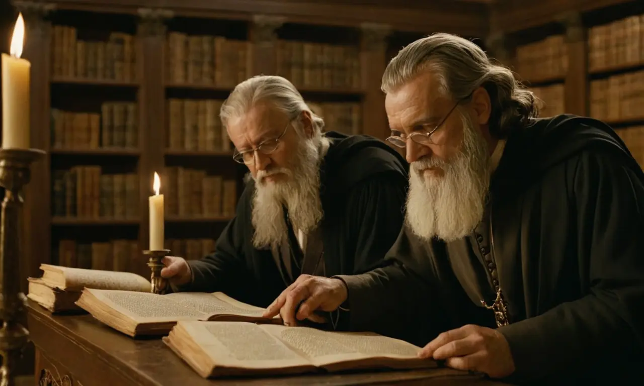 Filosofos leyendo textos antiguos en una biblioteca con pergaminos y libros.