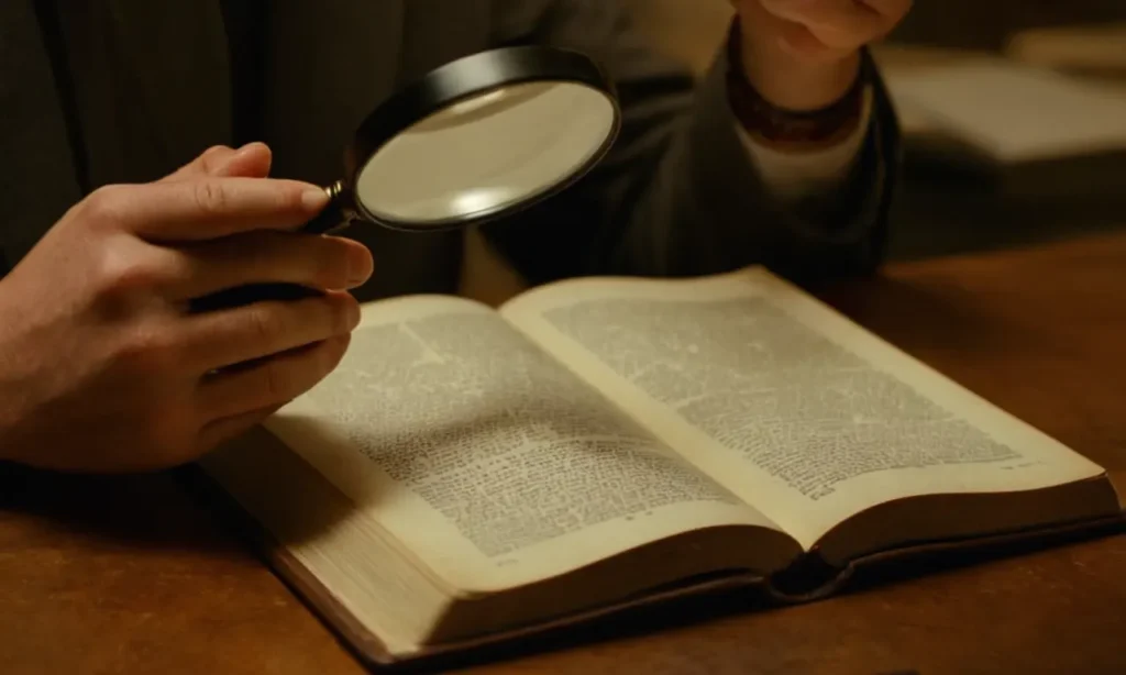 Una persona leyendo un libro en un escritorio con una lupa.