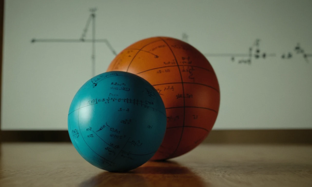 Una bola animada rebotando sobre una superficie con fórmulas y diagramas en el fondo.