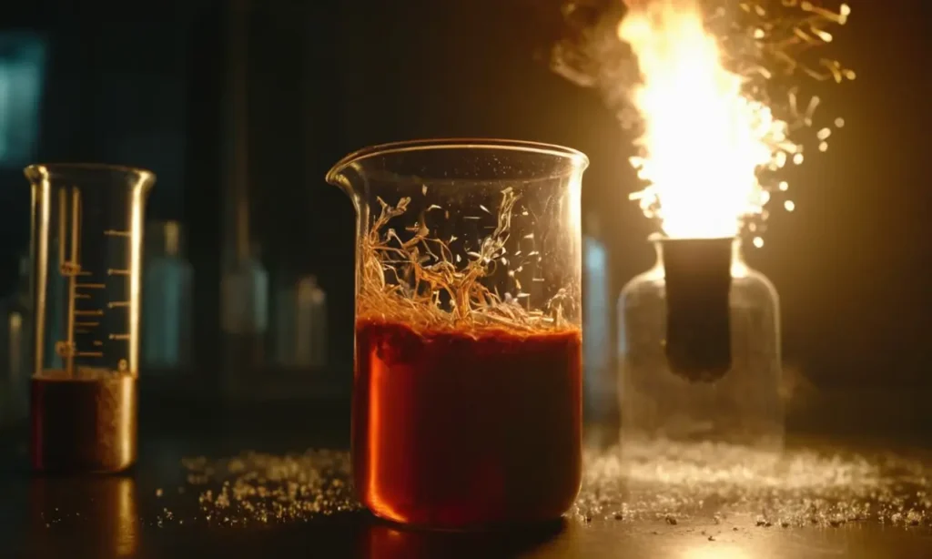 Una reacción química que ocurre en un vaso de laboratorio con chispas y calor que emana.