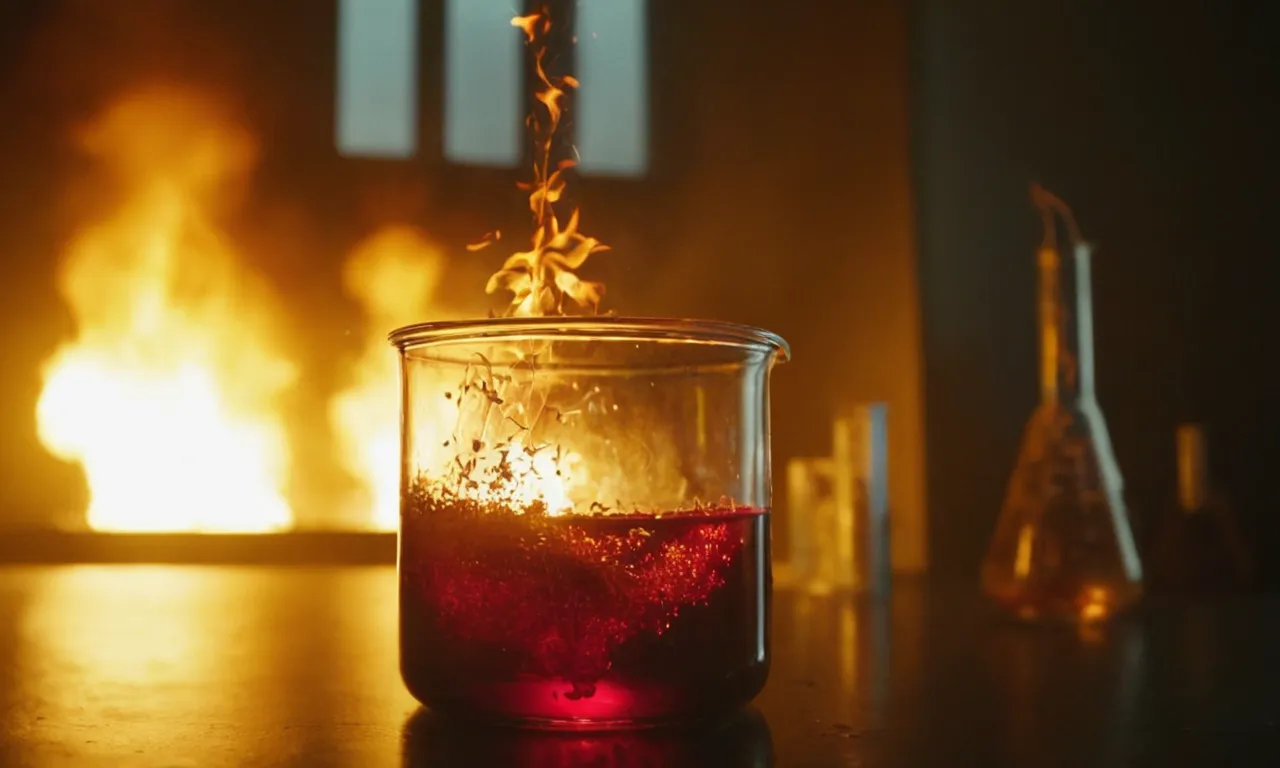 Una reacción química que tiene lugar en un vaso de laboratorio con chispas y emisión de calor.