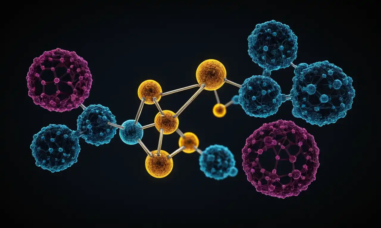 Un diagrama de estructura molecular con vínculos covalentes que conectan los átomos.