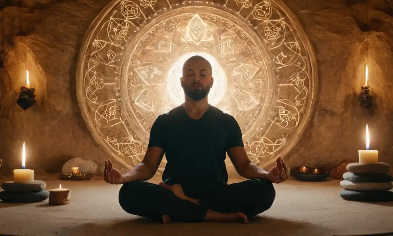 Una persona meditando en un ambiente pacífico rodeado de símbolos espirituales.