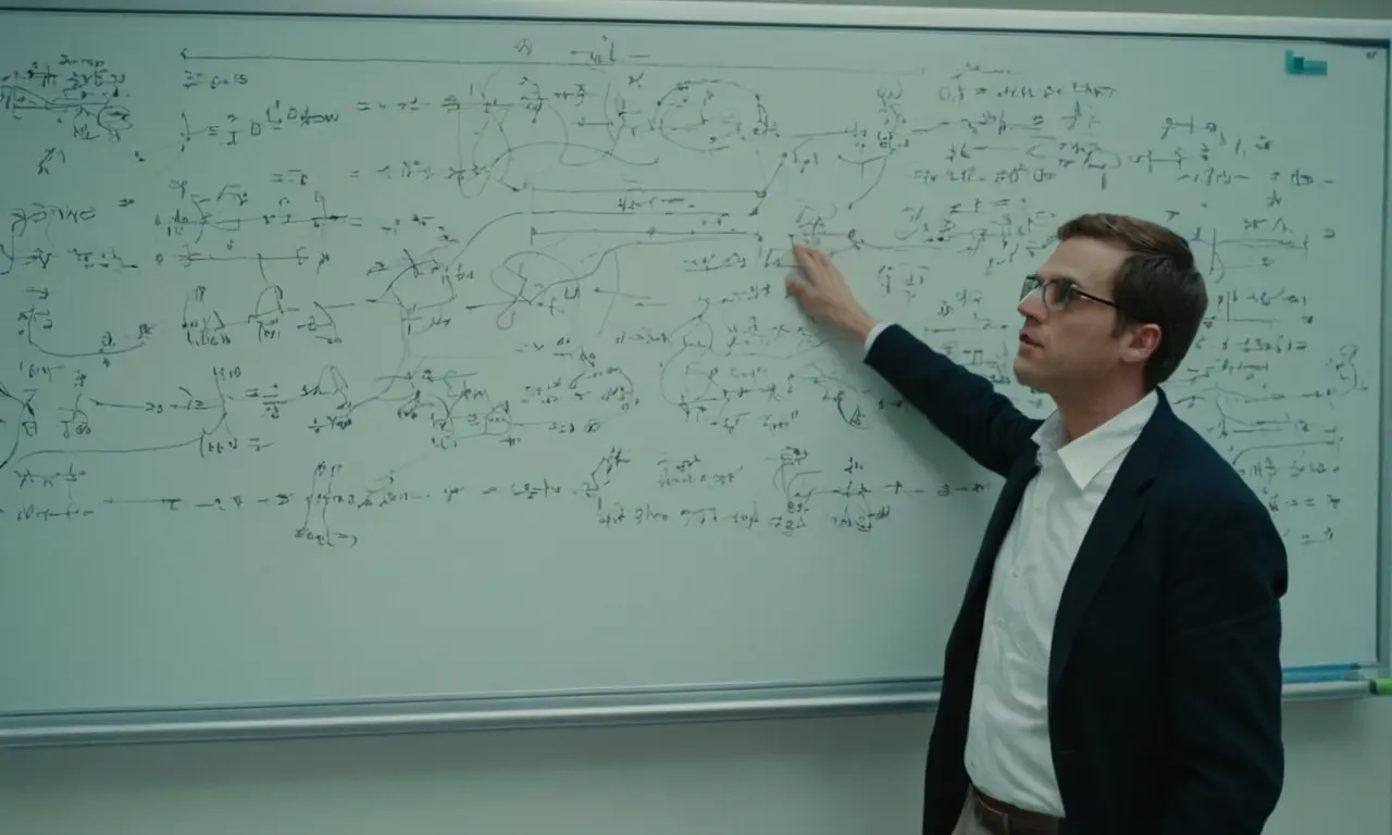 Un científico de pie delante de una pizarra llena de ecuaciones matemáticas y diagramas.