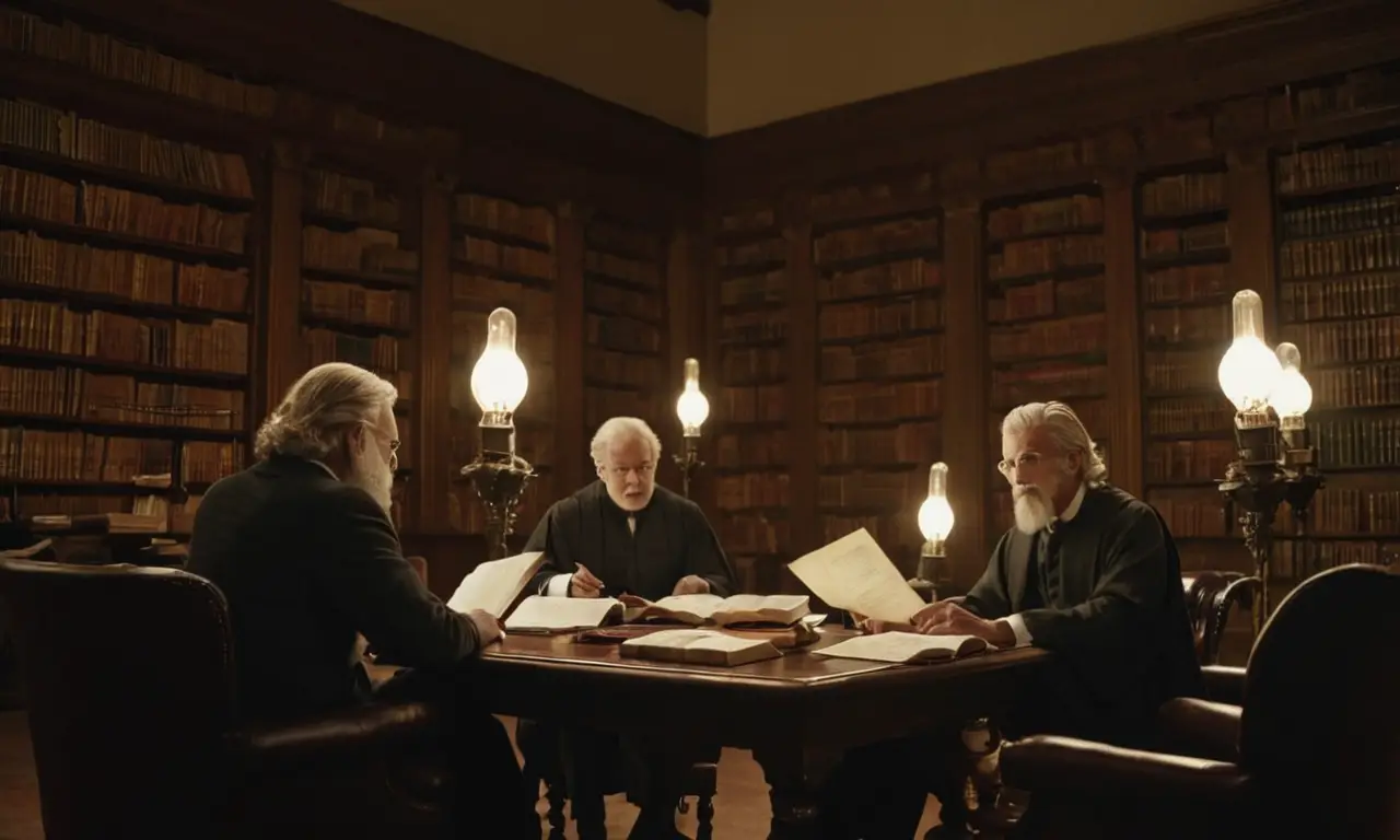 Filosofos sentados en una biblioteca con libros y papeles, rodeados de faroles que representan el conocimiento.