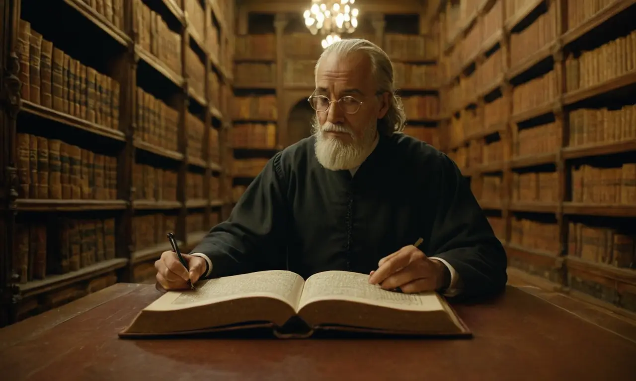 Un erudito en una biblioteca rodeada de textos antiguos y manuscritos.