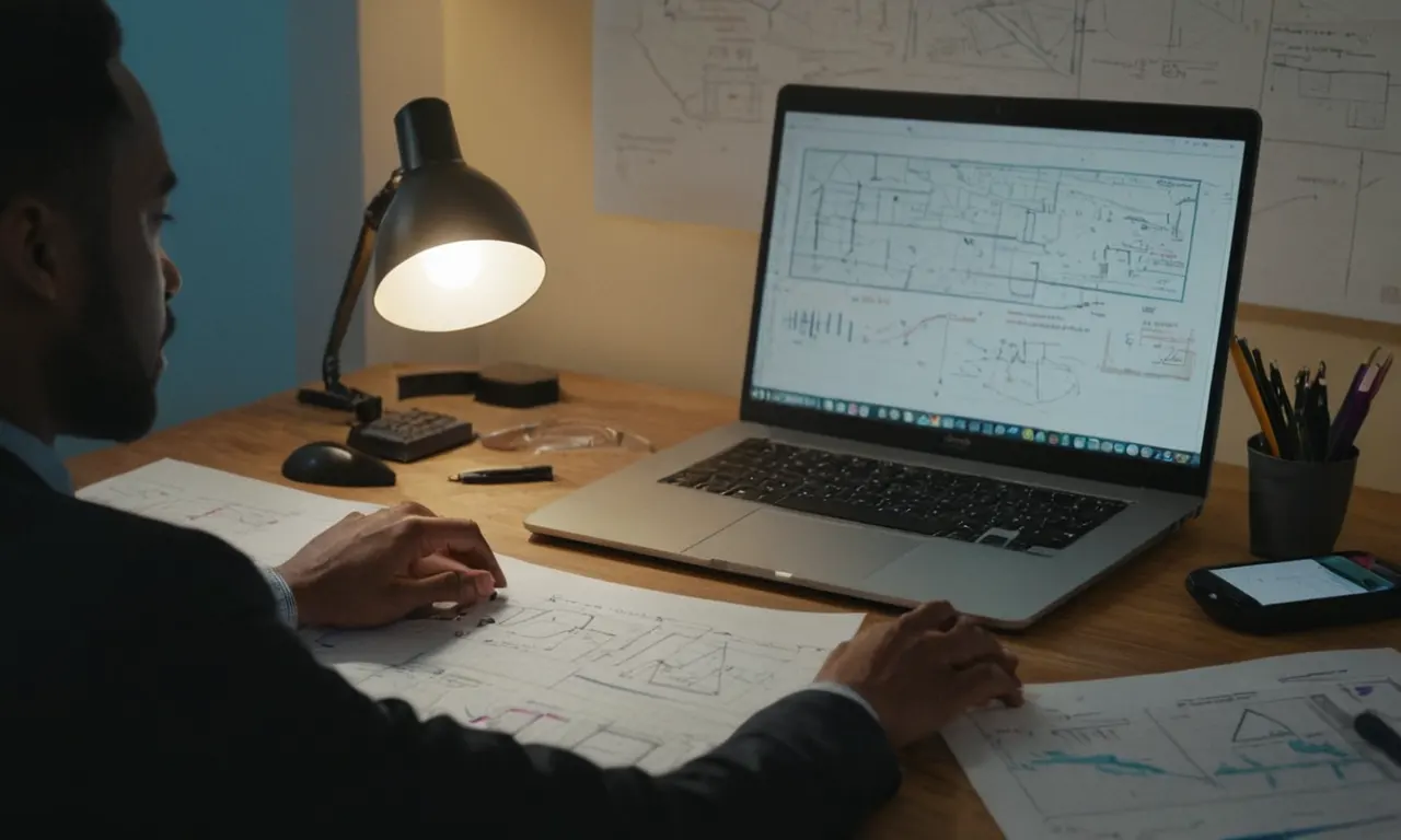 Una persona sentada en un escritorio rodeado de diagramas y notas, con un portátil que muestra un diseño de esquemas.