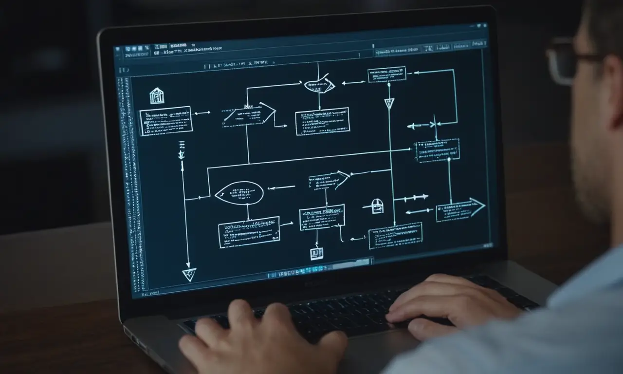 Un desarrollador de software trabajando en una pantalla portátil que muestra un diagrama de flujo con flechas y bloques.