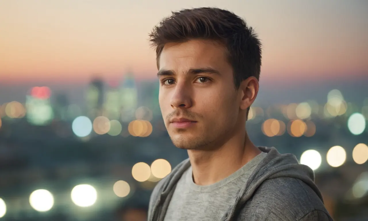 Un joven adulto de pie frente a un paisaje urbano borroso con una expresión reflexiva.