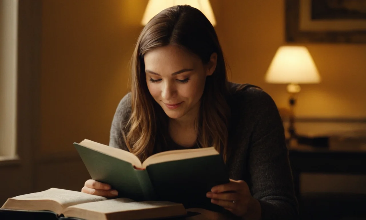 Una persona leyendo un libro o mirando notas con una sonrisa sutil.