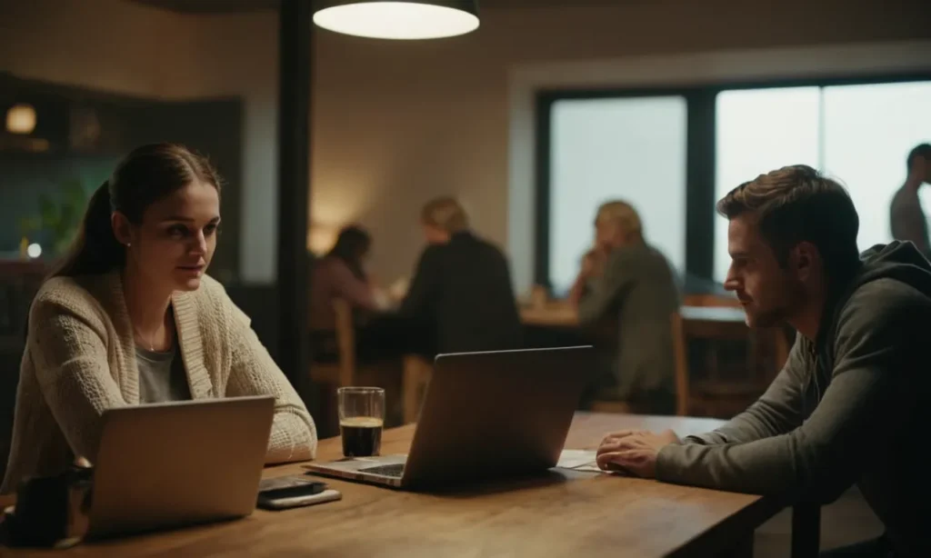 Una persona que recibe comentarios de otra mientras se sienta en una mesa con laptops abiertos.