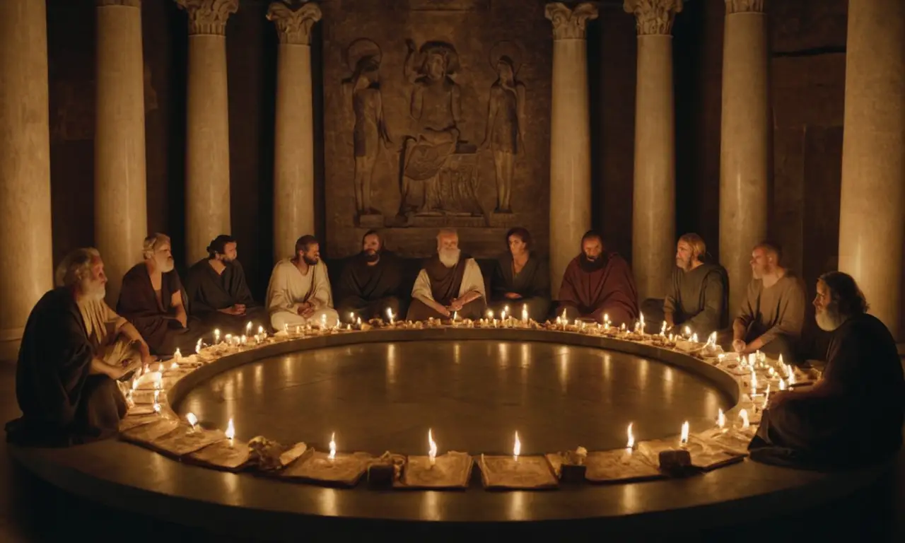 Antiguos filósofos griegos sentados en un círculo, rodeados de pergaminos y velas.