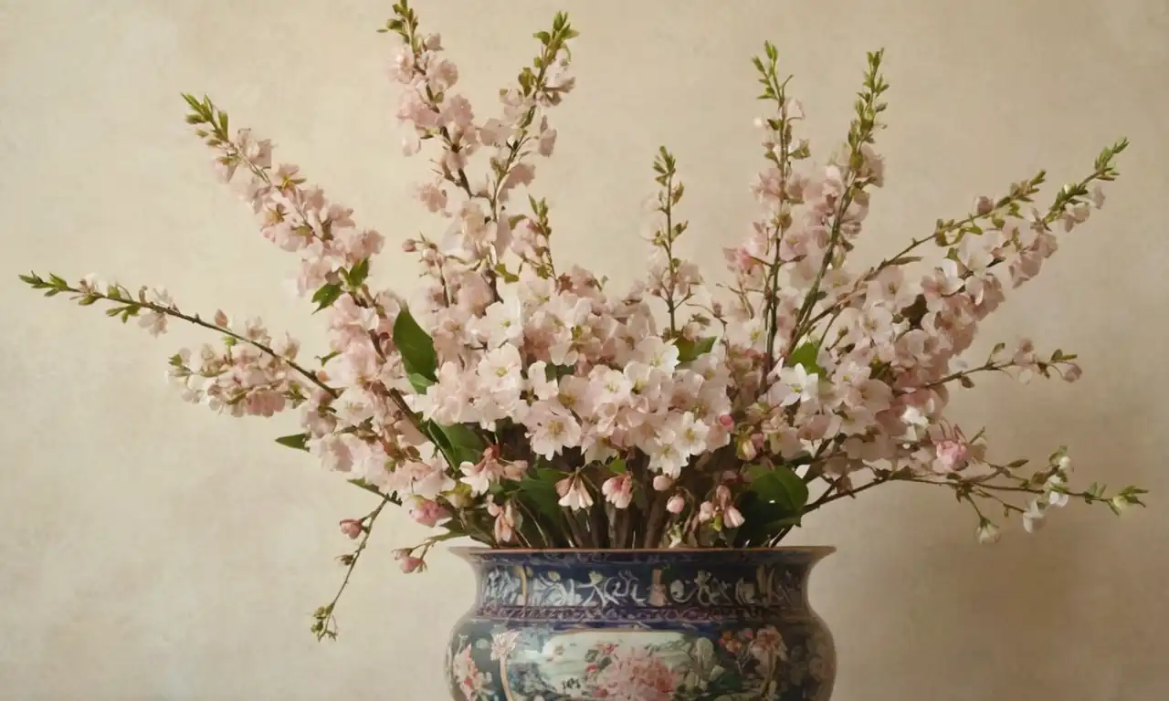 Un ramo de flores de cerezo rodeado de otras flores simbólicas en un fondo sutil.