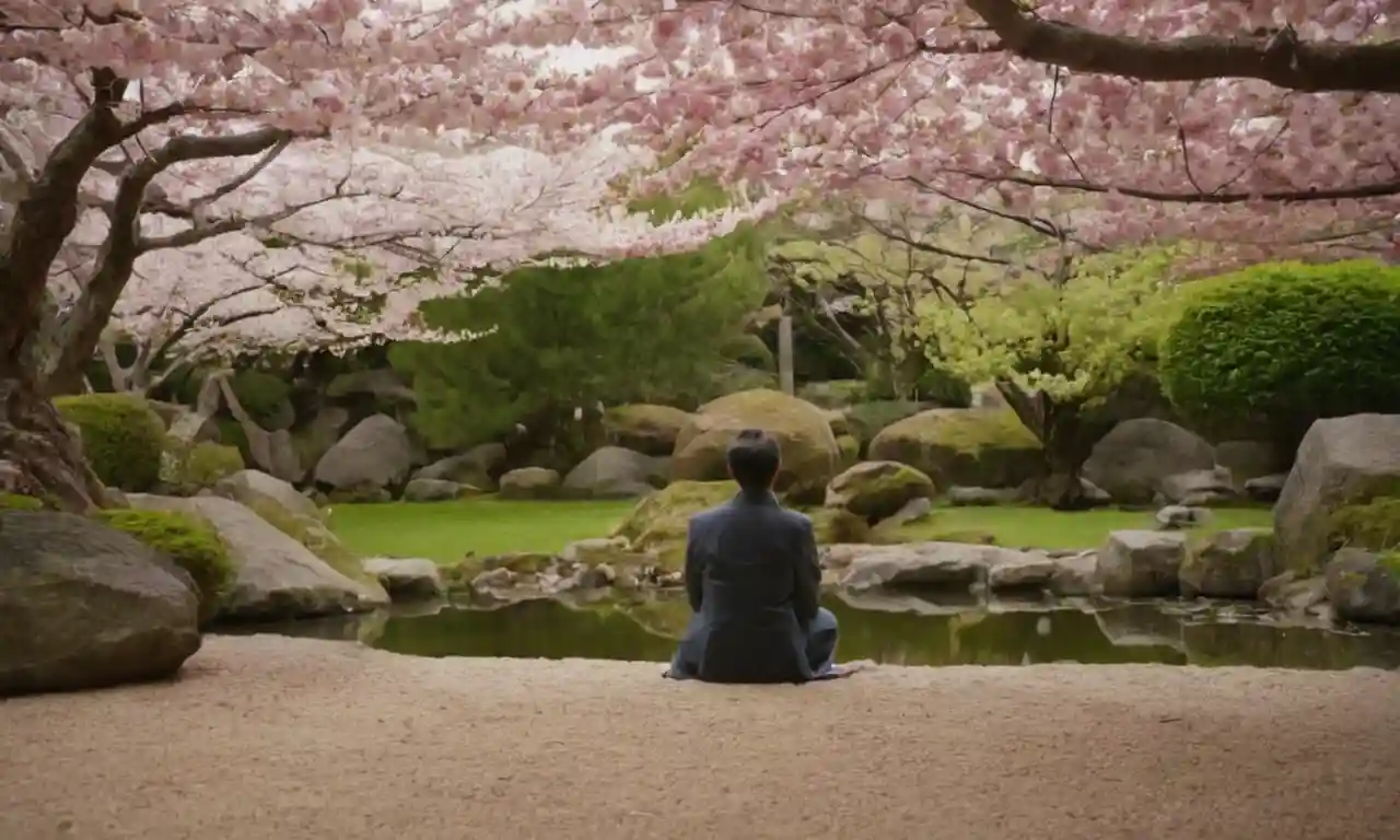 Una persona admirando árboles florecientes de cerezo en un sereno jardín japonés.