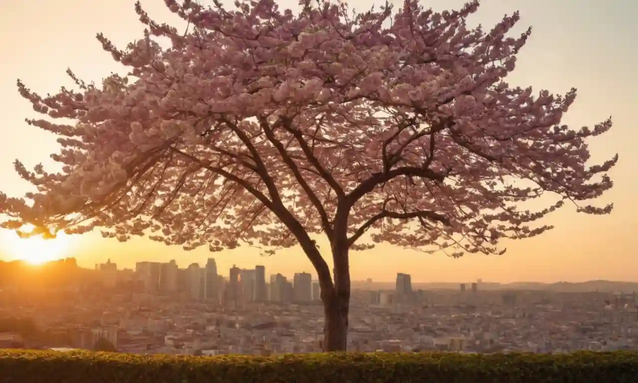 Un delicado árbol de flores de cerezo que florece frente a un paisaje urbano sutil al atardecer.