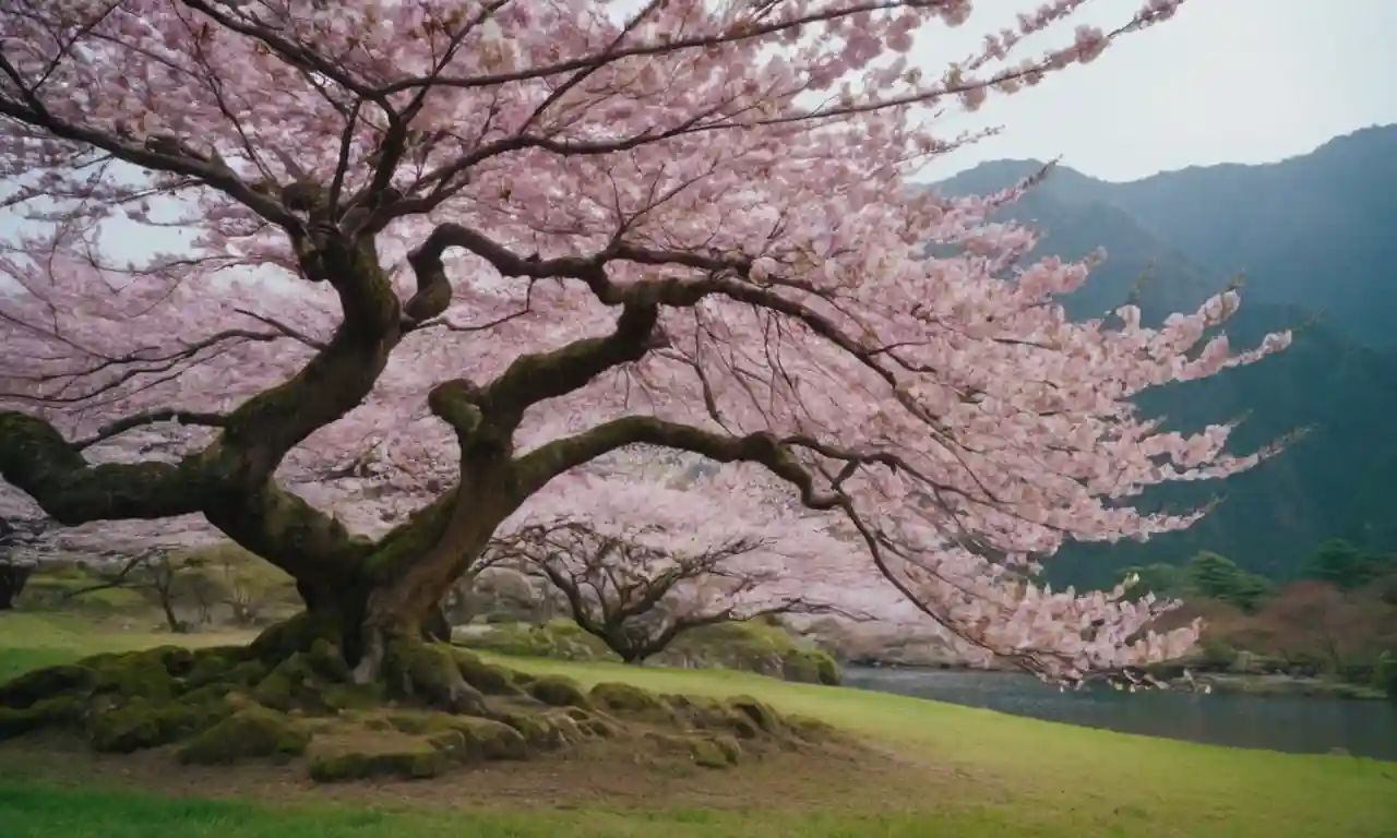 Un hermoso cerezo florece en frente de un paisaje japonés sereno.