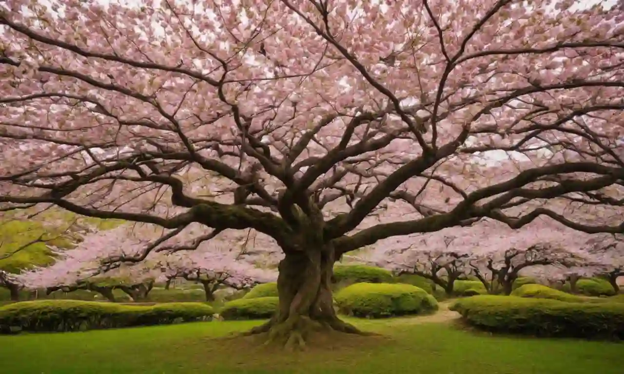 Un hermoso árbol de flores de cerezo en plena floración contra un sereno fondo japonés.