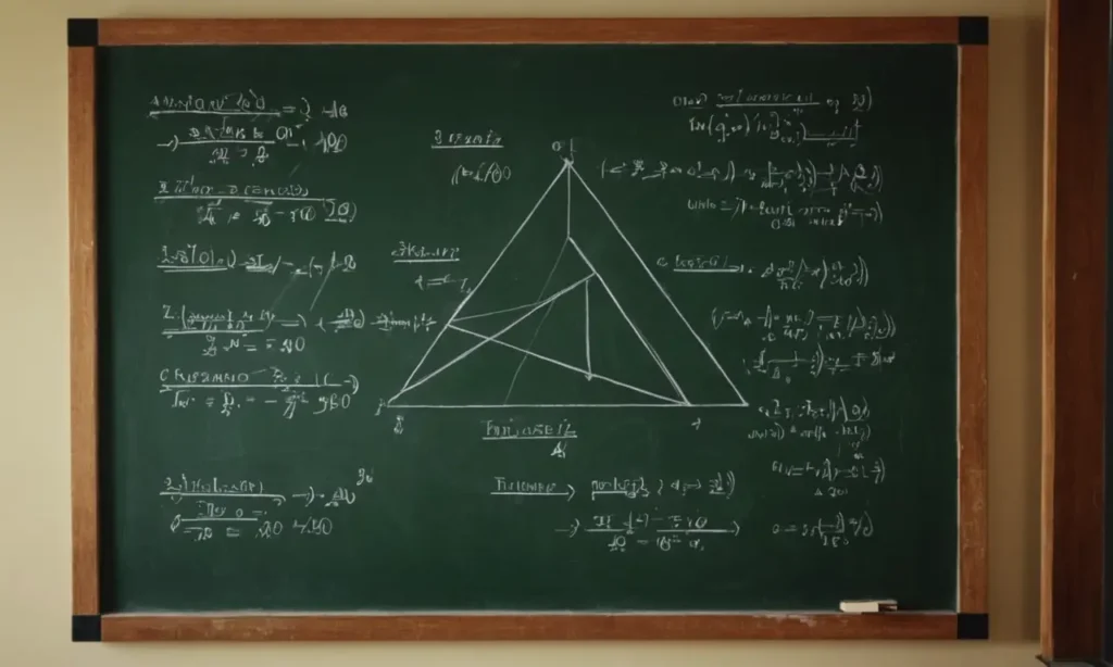 Un diagrama geométrico que muestra triángulos y fórmulas matemáticas en una pizarra.