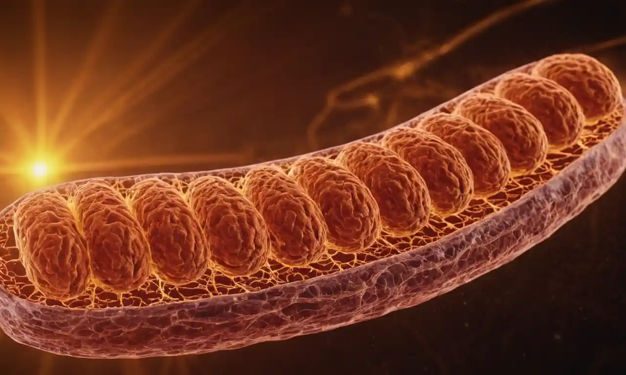 Una estructura de mitocondrión con mecanismos de producción de energía destacados en el fondo.