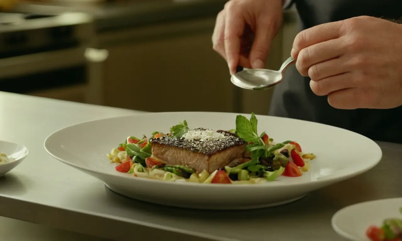 Un chef preparando un plato en una cocina moderna con presentación elegante y buenos utensilios de comedor.