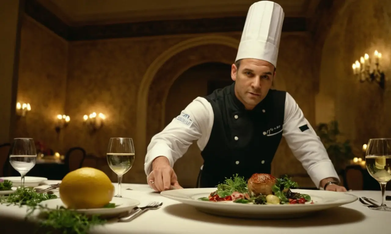 Un chef que presenta un plato en una lujosa mesa de restaurante.